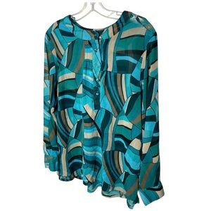 Silhouettes Womens Size XL Blouse Teal Print Tunic Semi Sheer Breezy Lagenlook